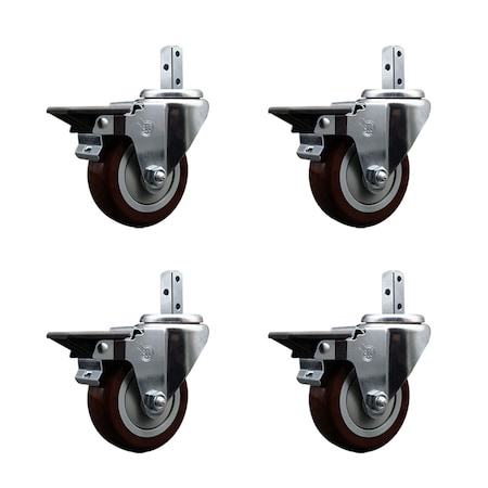Service Caster 3.5'' Maroon Poly Wheel Swivel 3/4'' Square Stem Caster Set with Brake, 4PK SCC-SQ20S3514-PPUB-MRN-PLB-34-4